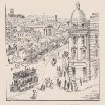 A bird’s-eye view of Colston Avenue sketched in 1907, with trams and the trees of the new park where the river used to be.