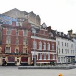 Magpie Park and the corner of St Stephen’s Street in April 2018, with the White Lion and Quay Head House.