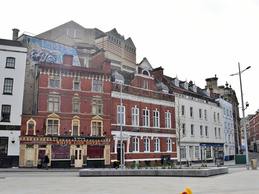 Magpie Park and the corner of St Stephen’s Street in April 2018, with the White Lion and Quay Head House.